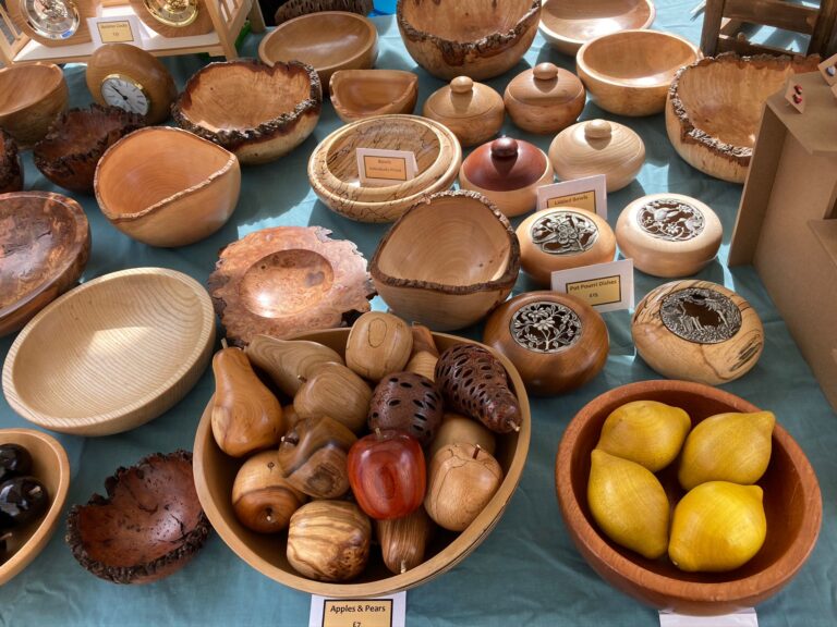 Turned wooden bowls on a craft stall