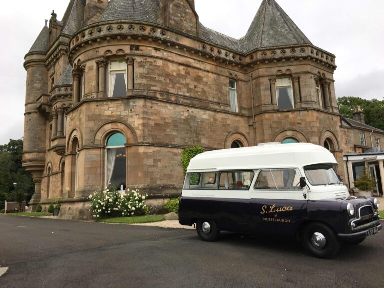 Vintage ice cream van in front of the castle
